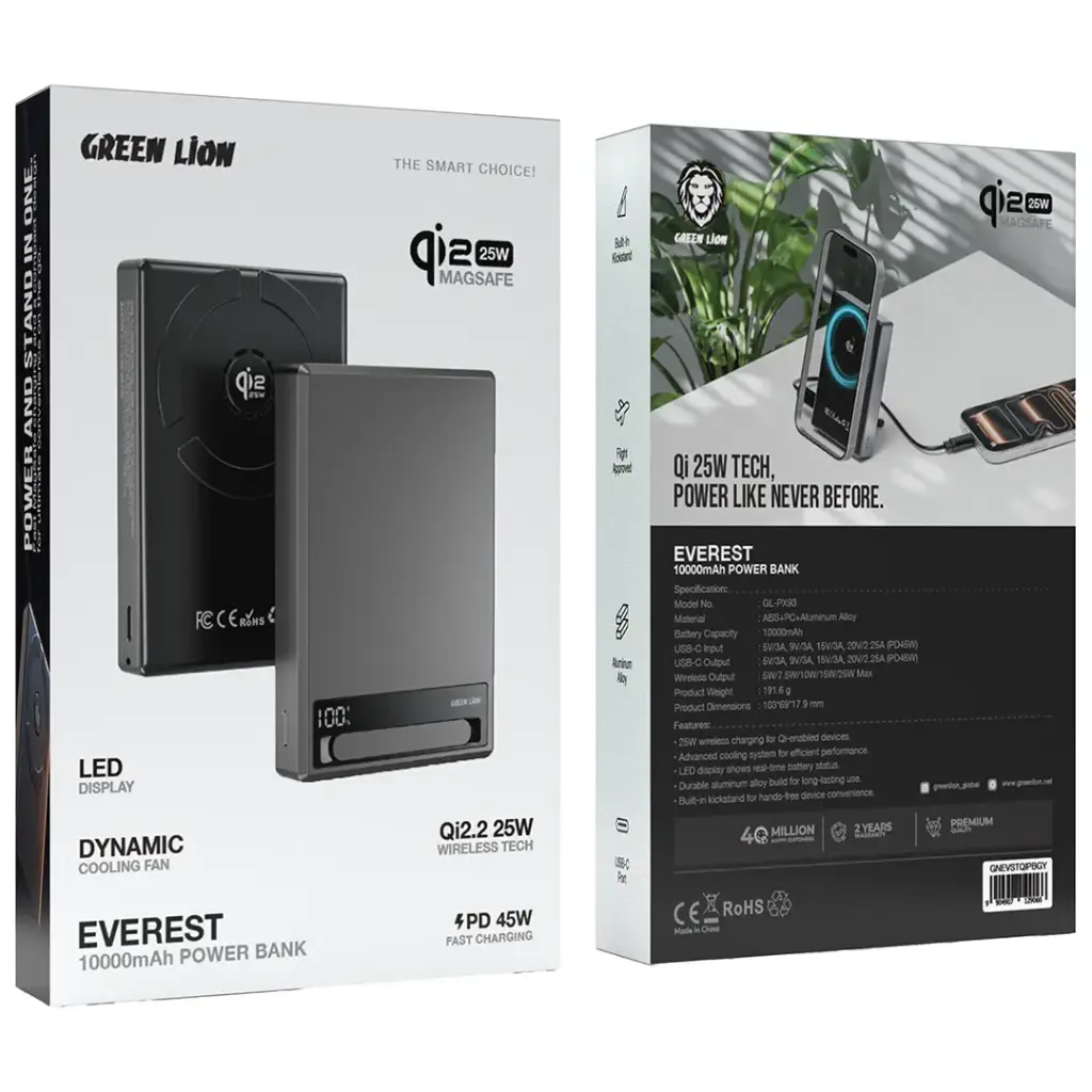 Green Lion Everest 10000mAh Qi2.2 Wireless Power Bank PD 45W - Grey Green Lion Everest 10000mAh Qi2.2 Wireless Power Bank PD 45W - Grey - Image 1