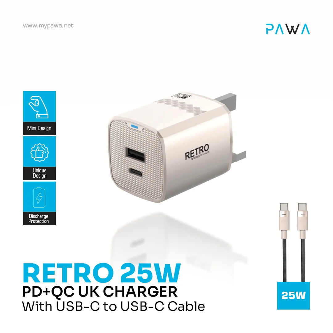 PAWA Retro 25W Type-C UK Plug with Type-C Cable - Titanium PAWA Retro 25W Type-C UK Plug with Type-C Cable - Titanium - Image 1