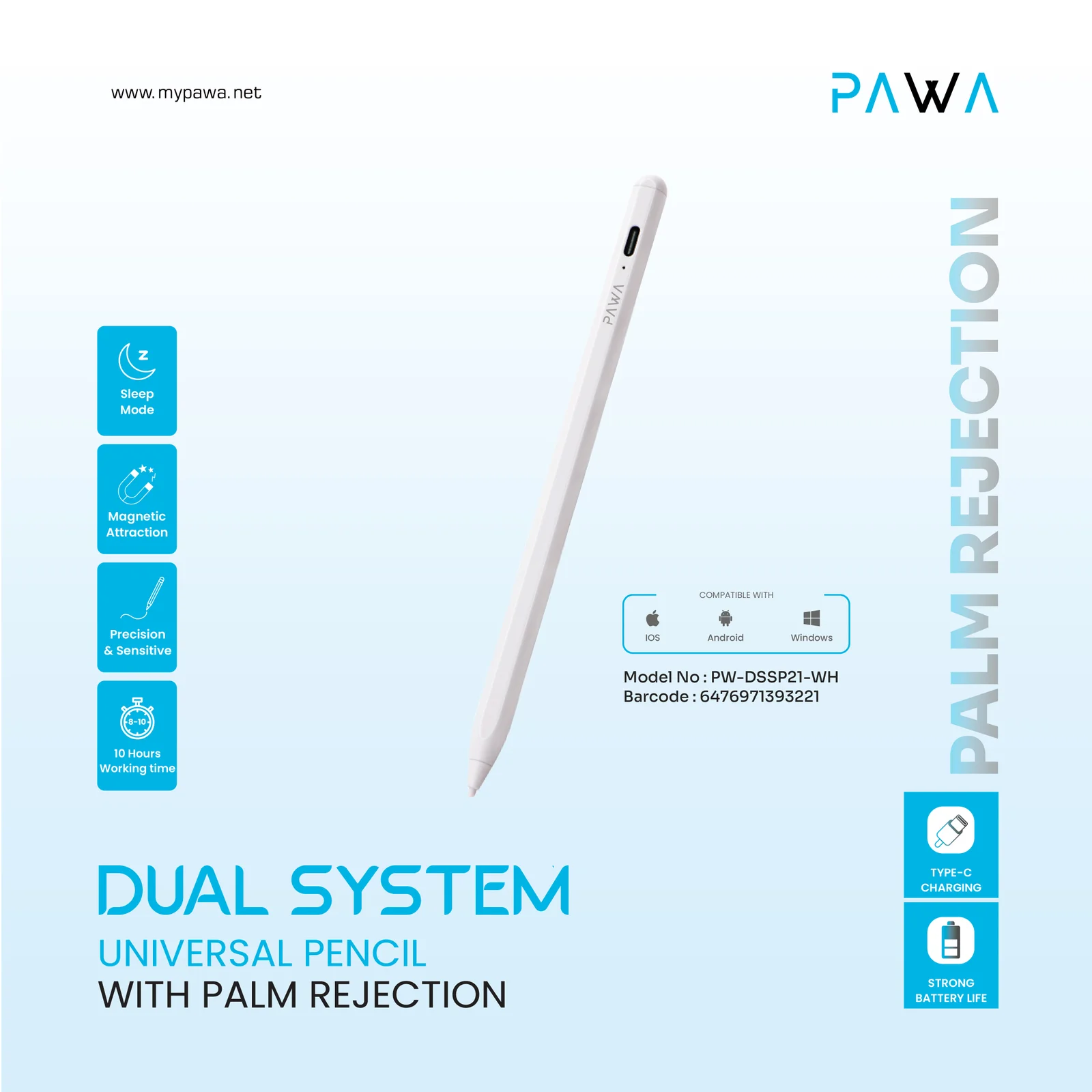 Pawa Dual System Smart Pencil with Palm Rejection - White Pawa Dual System Smart Pencil with Palm Rejection - White - الصورة 1
