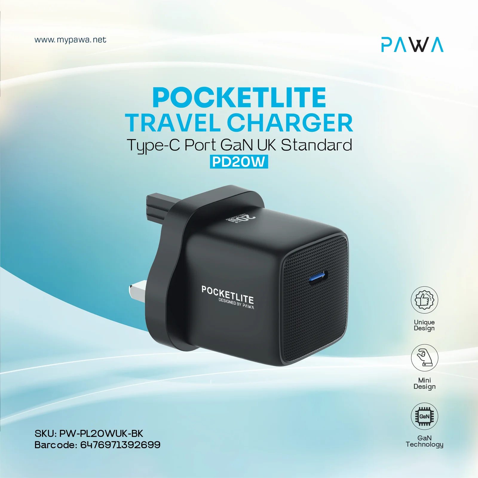 Pawa Pocket Lite GaN Charger 25W - Black Pawa Pocket Lite GaN Charger 25W - Black - Image 1