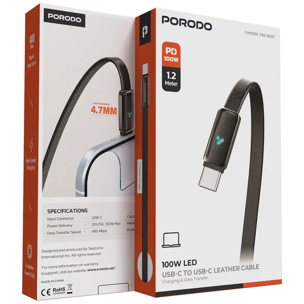 Porodo 100W LED USB-C to USB-C Leather Cable Charging & Data Transfer - White Porodo 100W LED USB-C to USB-C Leather Cable Charging & Data Transfer - White - الصورة 1