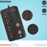 Porodo Blue 4 AC Power Socket with X4 USB-C X2 USB-A Port UK (3m wire) - Black