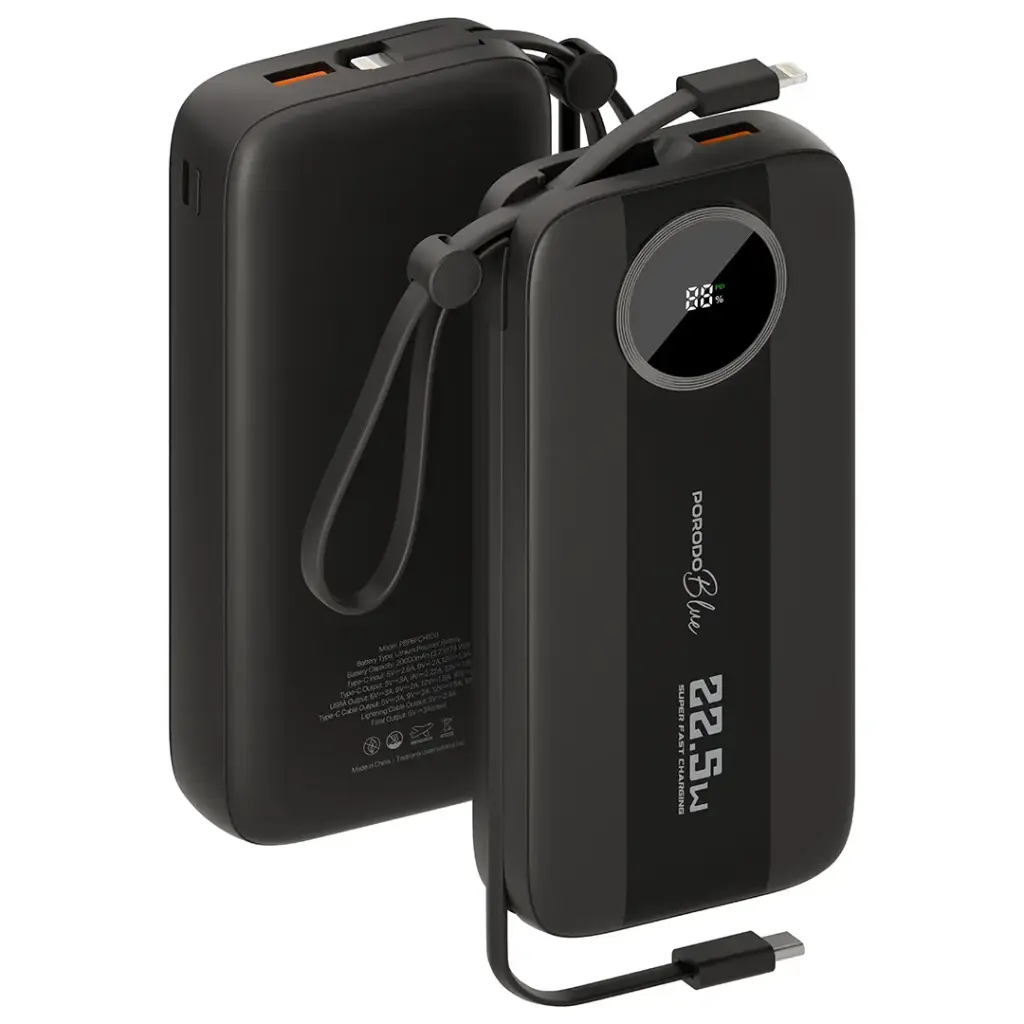 Porodo Blue Specca I 10000mAh Powerbank with Built-in Type-C & Lightning Cable - Black Porodo Blue Specca I 10000mAh Powerbank with Built-in Type-C & Lightning Cable - Black - Image 1