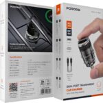 Porodo Dual Port USB Car Fast Charger, QC3.0, 36W, with Cable (C to C) - Black