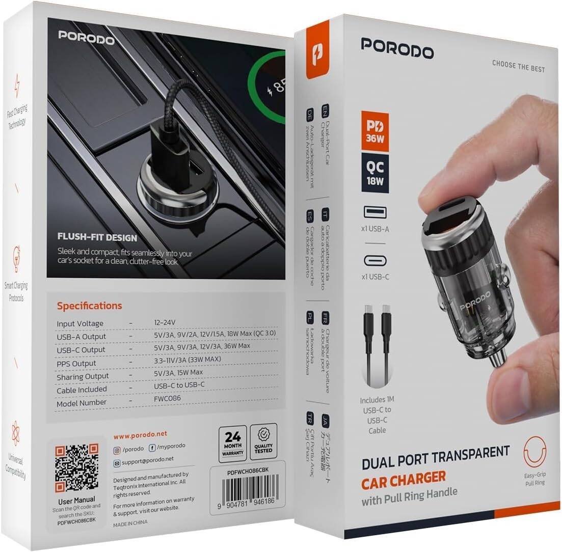 Porodo Dual Port USB Car Fast Charger, QC3.0, 36W, with Cable (C to C) - Black Porodo Dual Port USB Car Fast Charger, QC3.0, 36W, with Cable (C to C) - Black - الصورة 1
