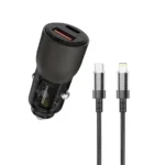 Porodo Dual Port USB Car Fast Charger, QC3.0, 36W, with Cable (C to L) - Black