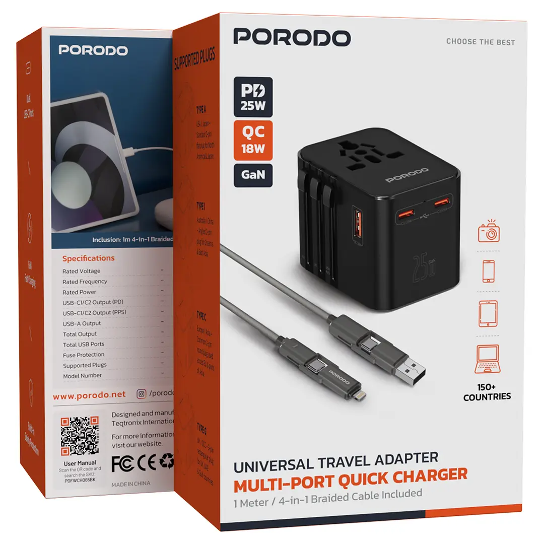 Porodo GaN Universal Travel Multi-Port Quick Charger – Black Porodo PD25W USB-A + USB-C*2 Travel Adapter - Black - الصورة 1