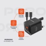 Porodo PD+QC 20W UK Charger with Type-C to Lightning Cable - Black
