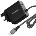Porodo Zentrix 45W Built-in Cable Adapter with USB-C Port - Black