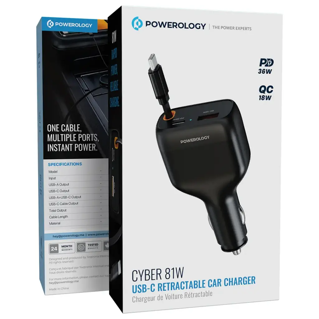 Powerology Cyber 81W USB-C Retractable Car Charger - Black4 Powerology Cyber 81W USB-C Car Charger - Black - الصورة 1