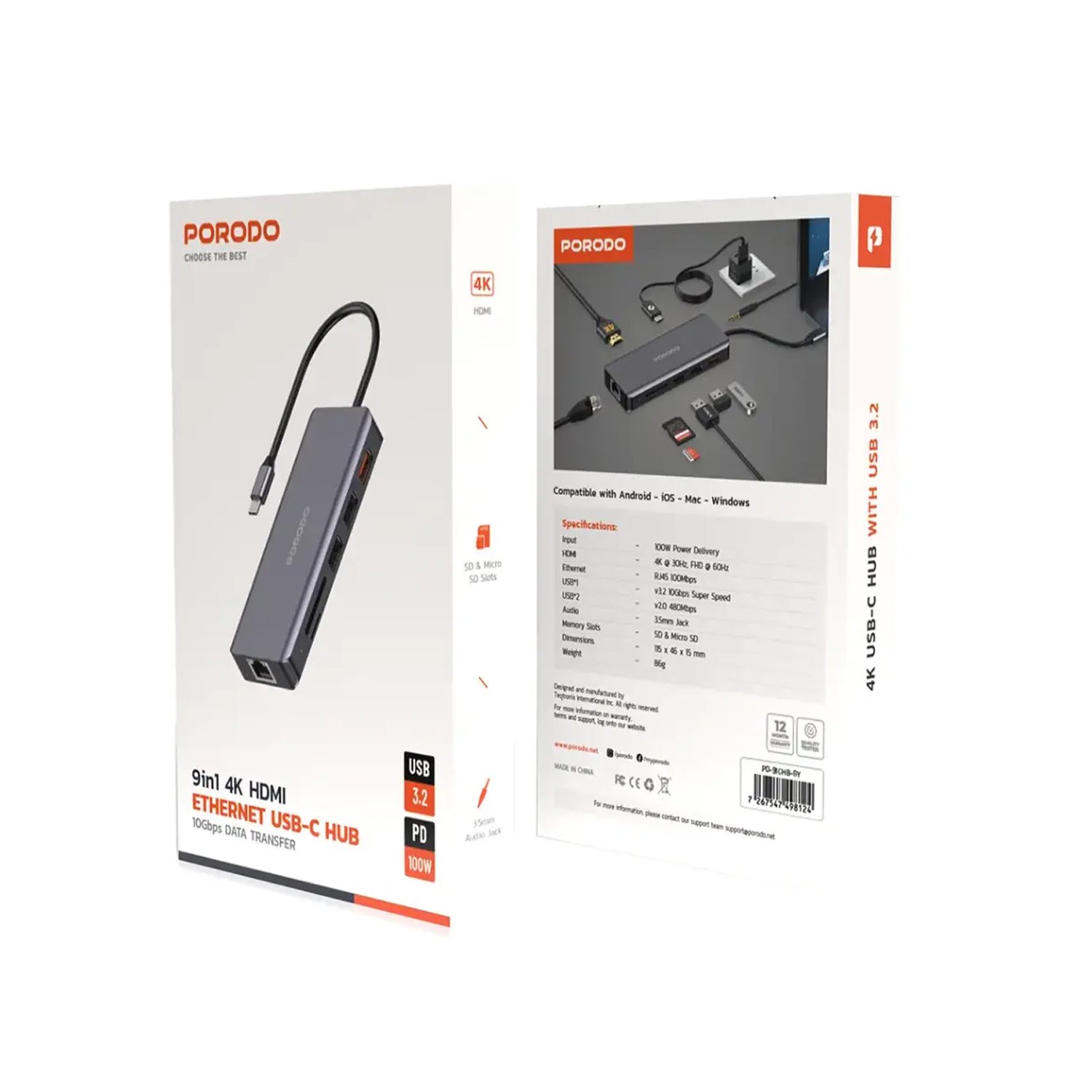 PORODO 9 in 1 4k HDMI ETHRNET USB-C HUB PORODO 9 in 1 4k HDMI ETHRNET USB-C HUB - الصورة 1